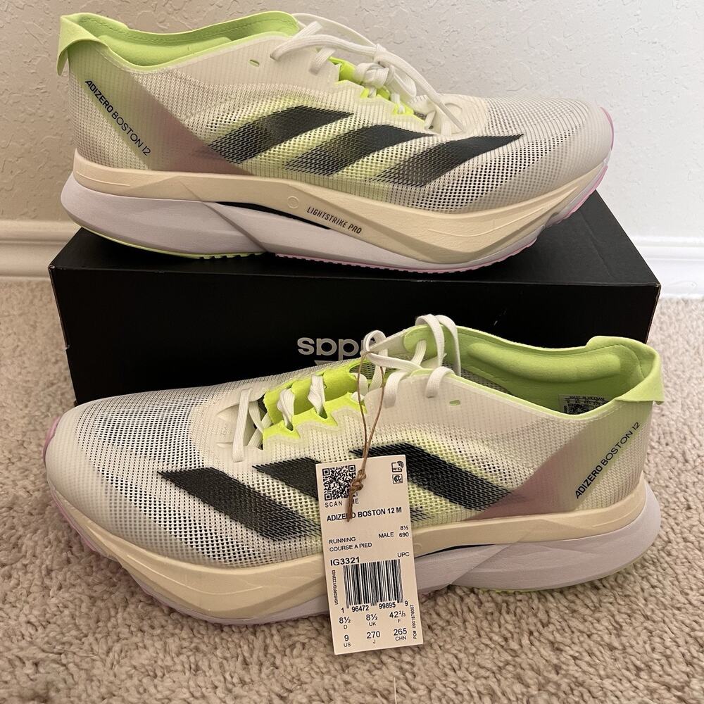 adidas Adizero Boston 12 Men’s Running Shoes White Green Spark IG3321 Size 9 NWT
